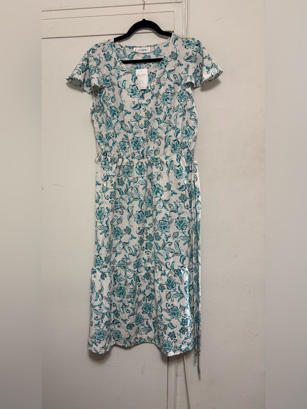 NWT Lucky Brand White Dress with Teal Floral Print